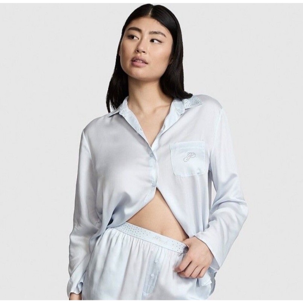 Victoria Secret PINK Silky Sleep Shine Long Pajama Top ONLY Hydrangea Blue XXL